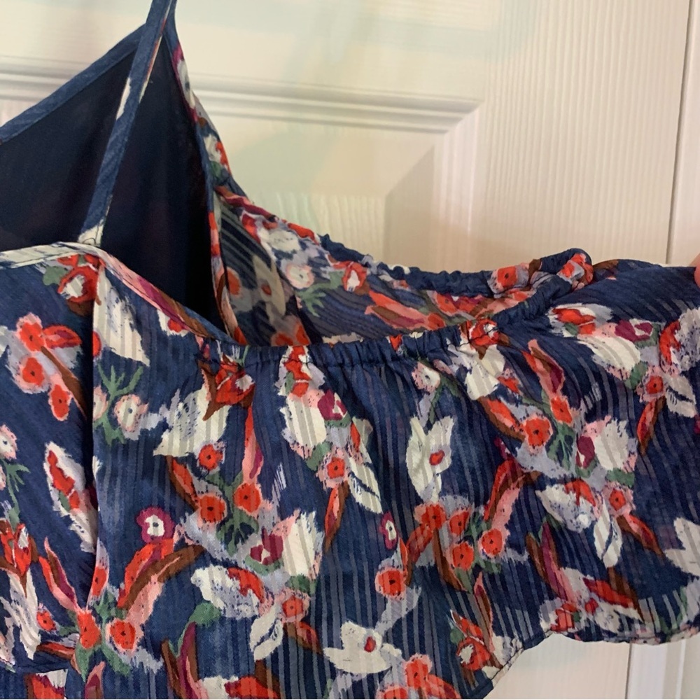 Tanya Taylor Navy Floral Cold-Shoulder Ruffle Silk Blouse, size 2 - Picture 7 of 11